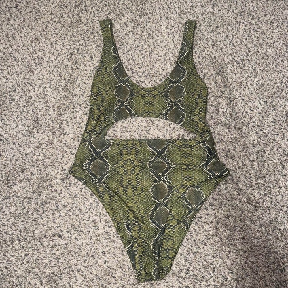 Olive Green Snake Print Cutout One-Piece Swimsuit